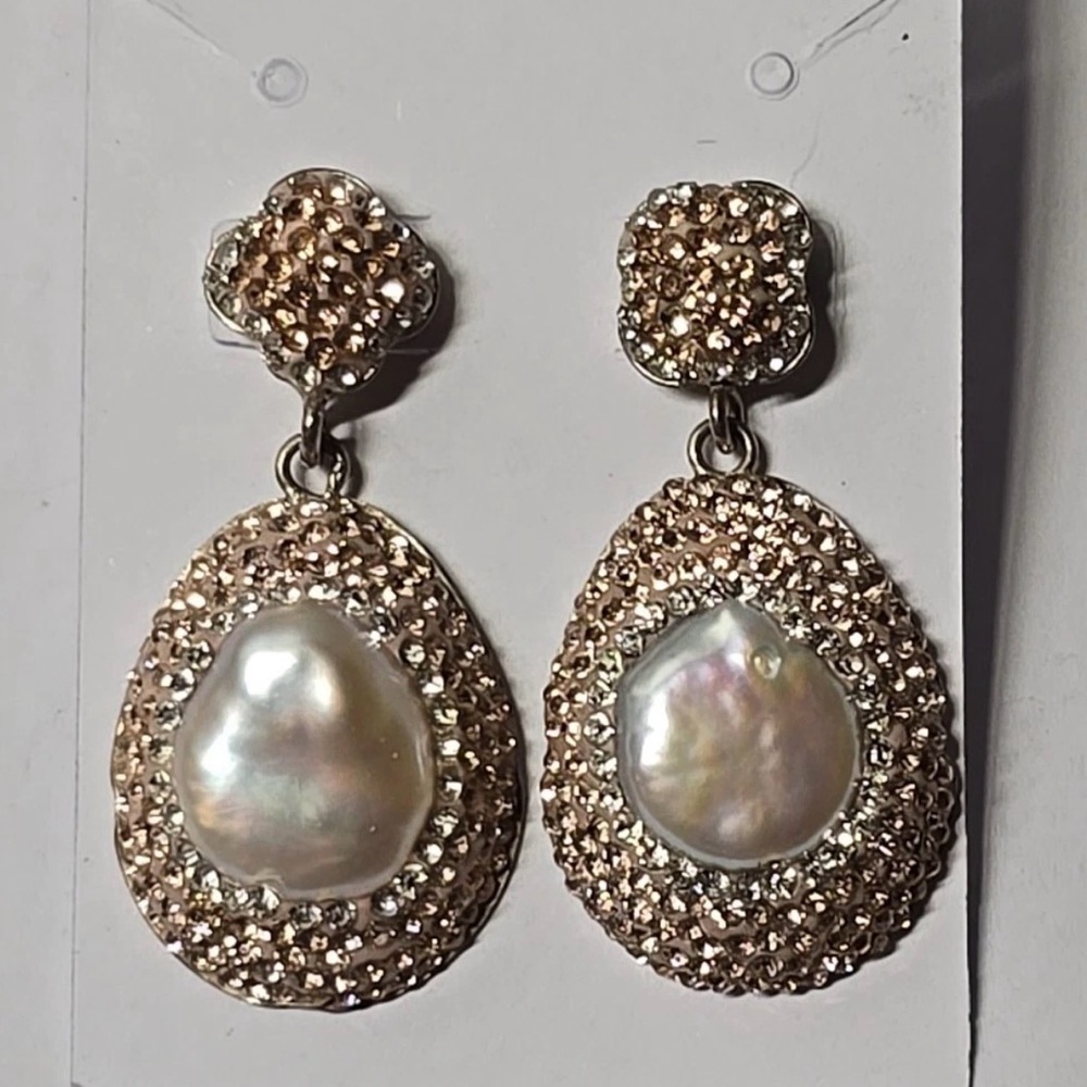 sterling silver baroque pearl And  Champaign Crystals  Dangel Earrings Post Back